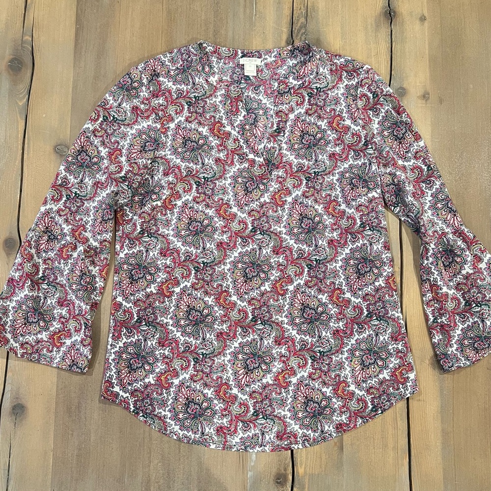 (SOLD) J.Crew Paisley Printed Bell Sleeve V Neck Top Blouse